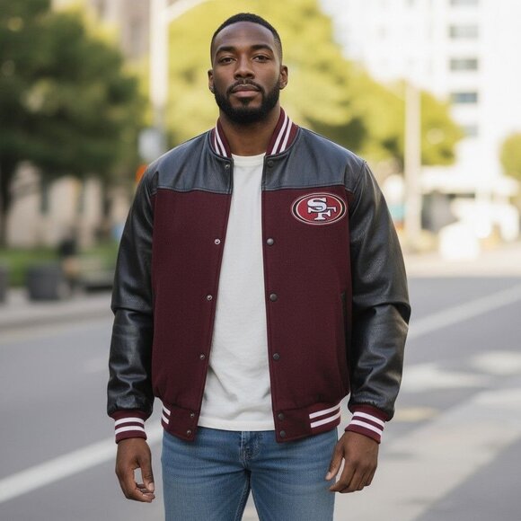 Vintage San Francisco 49ers Varsity Jacket Quilted Interior, Wool & Black Leathe - Picture 3 of 8